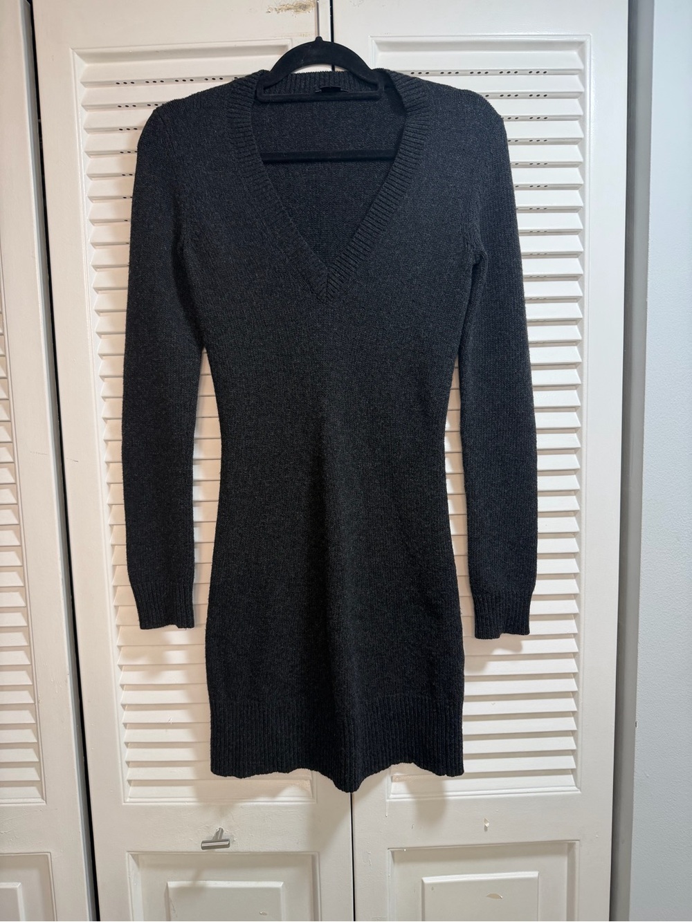 Theory Black V-Neck Long Sleeve Wool Knit Dress